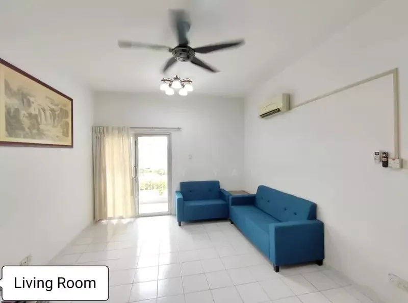 Living features: white painted walls, white tiled flooring, 5-blade ceiling fan with light, sliding glass door, curtains, blue fabric sofa, wall-mounted air conditioning unit, light fixture with multiple bulbs; style: modern; view: garden.