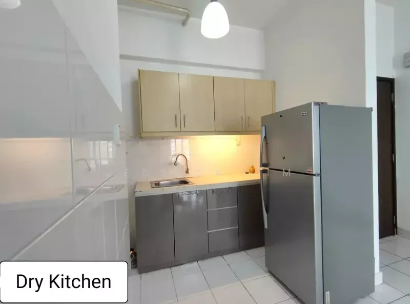 Kitchen features: grey cabinetry, beige upper cabinets, stainless-steel sink, chrome faucet, built-in countertop, stainless-steel fridge, white tiled backsplash, white tiled flooring, recessed downlights, wall-mounted cabinet, open shelving; style: modern.