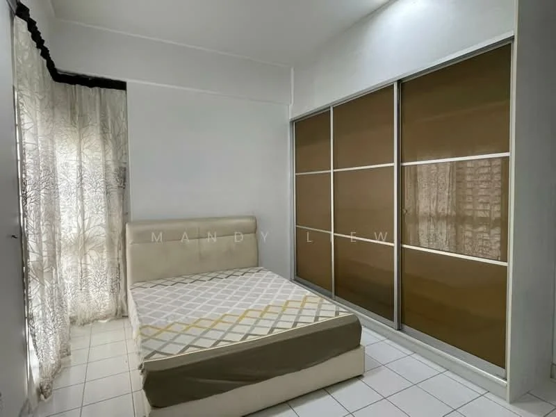 Bedroom features: queen-size bed, upholstered headboard, built-in wardrobe with sliding doors, white walls, tile flooring, floor-to-ceiling window with sheer curtains, natural light, decorative wall paneling; style: modern.