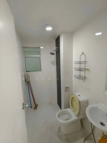 Bathroom features: white tiled walls, white tiled flooring, shower with glass partition, chrome shower head, toilet, single-sink vanity with white cabinet, mirror above sink, wall-mounted storage rack, window for natural light, ceiling light; style: modern.