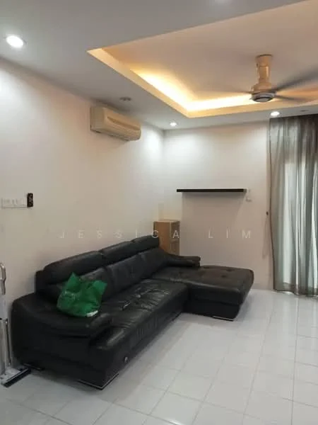 Living features: black leather L-shape sectional sofa, white painted walls, recessed ceiling with LED lighting, 5-blade ceiling fan, wall-mounted air conditioning unit, tile flooring, curtains, floating shelf; style: modern.