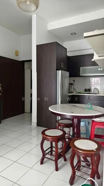 Kitchen features: white tiled flooring, dark wood cabinetry, stainless-steel fridge, built-in oven, ceramic cooktop, round dining table, 4 wooden stools, single-bowl stainless-steel sink, chrome pull-down faucet, white walls, recessed lighting, pendant light fixture; style: modern.