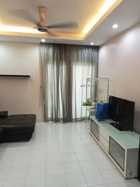 Living features: 3-seater leather sofa in dark brown, white tiled flooring, recessed downlights, ceiling fan with light, floor-to-ceiling sheer curtains, TV console in white with glass doors, wall-mounted TV, open shelving unit, decorative items on shelving; style: modern.