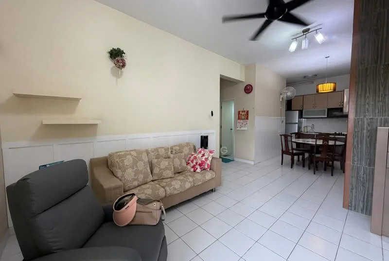 Living features: beige fabric sofa with floral pattern, white tiled flooring, ceiling fan with light, wall-mounted shelf, decorative wall plant, open layout to dining area, light-colored walls, recessed lighting; style: modern. Dining features: wooden dining table, four wooden dining chairs, kitchen area visible in background, light fixtures above dining table; style: modern.
