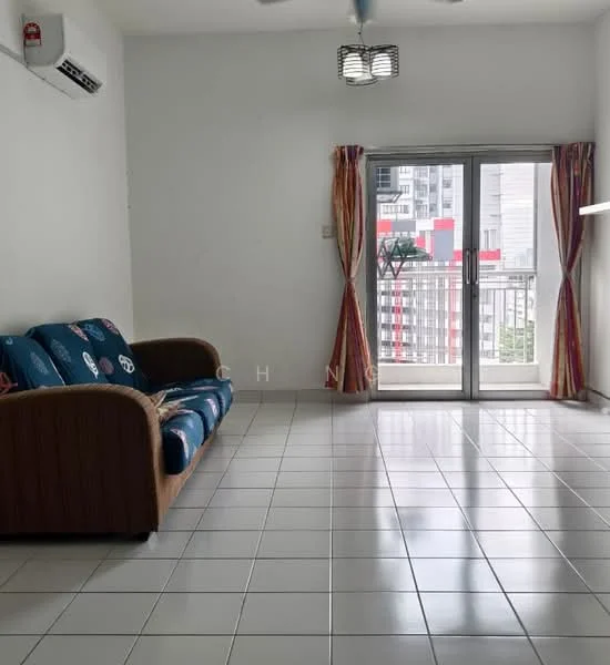 Living features: 3-seater fabric sofa in blue with patterns, white painted walls, tile flooring, ceiling fan, floor-to-ceiling sliding glass door, curtains with colorful stripes, natural light from balcony, wall-mounted split AC; style: modern; view: city.
