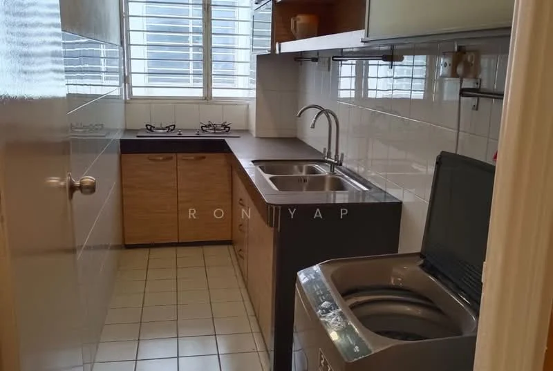 Kitchen features: double-bowl stainless-steel sink, chrome pull-down faucet, laminate countertop, wood cabinetry, gas stove with two burners, white tiled backsplash, ceramic tile flooring, window with horizontal slats, built-in washing machine; style: modern.