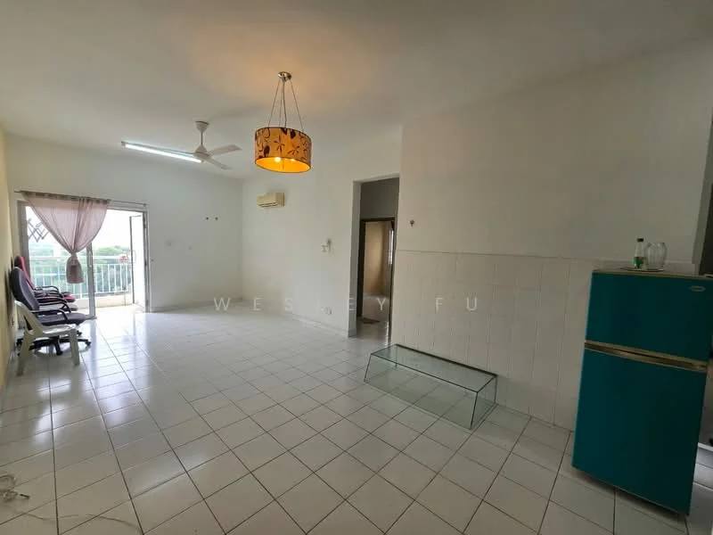 Living features: white painted walls, tile flooring, 5-blade ceiling fan, hanging pendant light, large window with view, sliding glass door, balcony access, air conditioning unit, glass coffee table, blue fridge, two chairs; view: city.