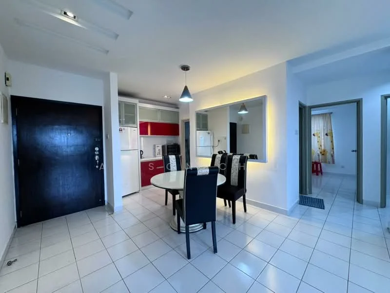 Dining features: round dining table, 4 upholstered dining chairs in black, mirror on wall, white walls, tile flooring, recessed ceiling lights, pendant light, open layout to kitchen, kitchen cabinetry in red and white, kitchen appliances visible, doorway to hallway, curtains on window; style: modern. Kitchen features: kitchen cabinetry in red and white, stainless-steel fridge, built-in oven, freestanding range oven, microwave, sink, countertop space, tile backsplash; style: modern. Hallway features: doorway leading to other rooms, tile flooring, white walls.