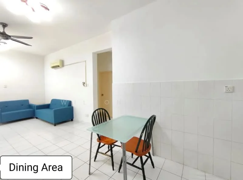 Dining features: white painted walls, white tiled flooring, ceiling fan, glass dining table, 2 black dining chairs with orange cushions, sofa in blue fabric, wall-mounted air conditioning unit; style: modern.