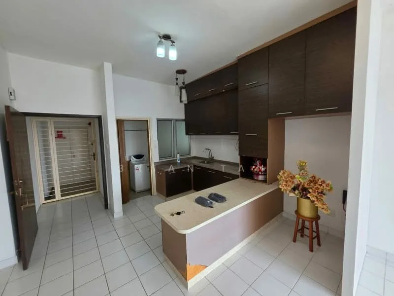 Kitchen features: brown cabinetry, granite countertop, stainless-steel sink, chrome pull-down faucet, built-in oven, freestanding fridge, tile flooring, recessed downlights, open layout, kitchen island, decorative plant, wall-mounted mirror; style: modern. Room features: white walls, grey tile flooring, security grille door.