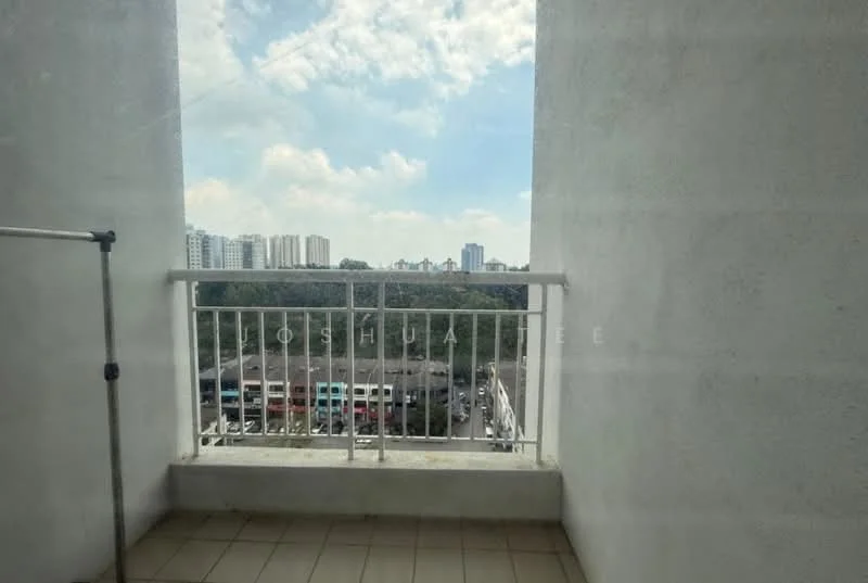Room features: balcony with railing, concrete flooring, city view, partial skyline view, surrounding greenery, clear blue sky; view: city.