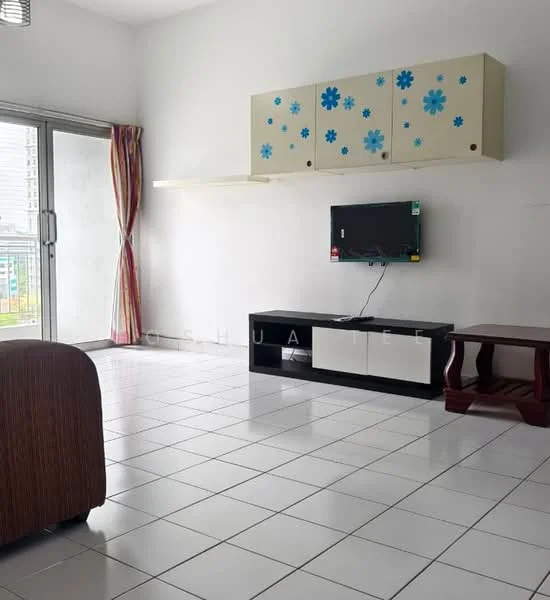 Living features: white painted walls, glossy white tile flooring, floor-to-ceiling sliding glass door, curtains with floral pattern, wall-mounted TV, black TV console, wooden coffee table, shelves with floral design; style: modern; view: city.