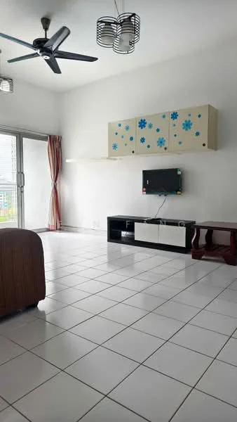 Living features: white painted walls, white tiled flooring, 5-blade ceiling fan with light, wall-mounted TV, TV console in black, wooden coffee table, floating cabinet with floral design, curtains in red, floor-to-ceiling windows, view of outdoor space; style: modern; view: garden.