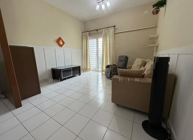 Living features: white painted walls, white tiled flooring, sofa in beige, armchair in grey, coffee table, TV console, floor-to-ceiling windows, curtains, decorative wall shelf, ceiling light fixture, decorative wall art; style: modern.