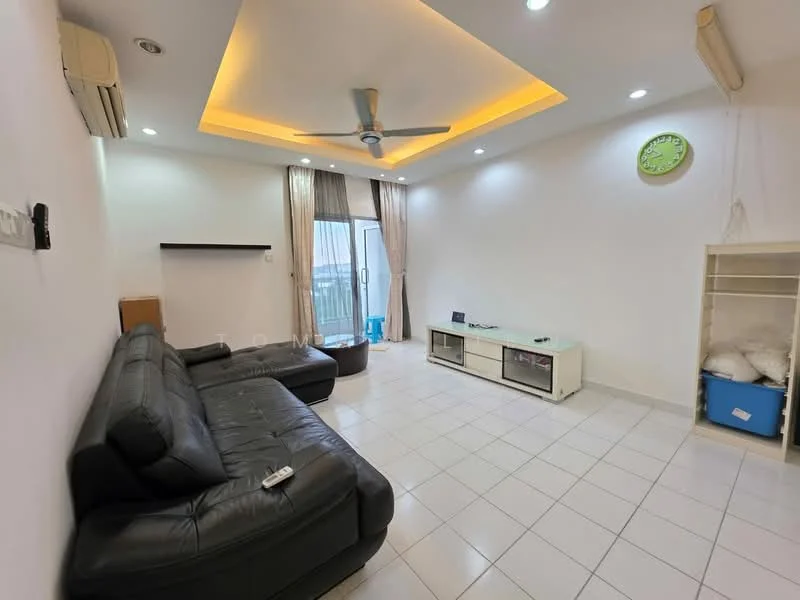 Living features: black leather sectional sofa, ceiling fan with integrated LED light, recessed lighting, white painted walls, white tiled flooring, TV console with glass doors, large sliding glass door, curtains, decorative wall clock, open space layout; style: modern; view: city.