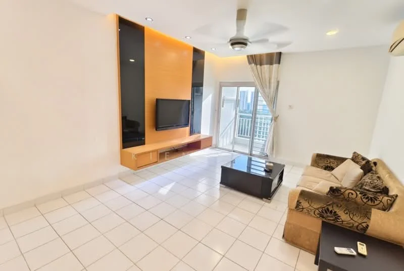Living features: cream painted walls, white tiled flooring, 5-blade ceiling fan with light, wall-mounted TV, wooden TV console, black coffee table, beige fabric sofa with decorative cushions, floor-to-ceiling sliding glass door, sheer curtains, balcony view; style: modern; view: city.
