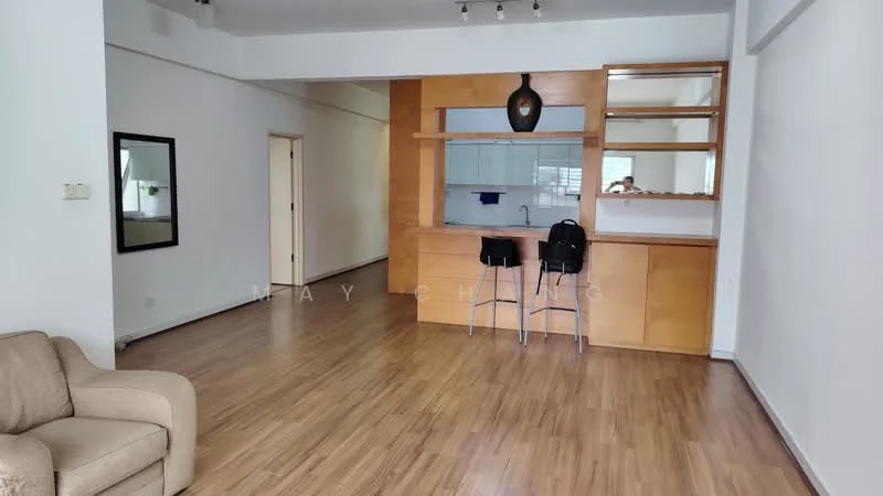 Living features: laminate flooring, white painted walls, open-plan layout, kitchenette with wooden cabinetry, bar counter with two stools, large window for natural light, recessed ceiling lights, decorative wall mirror, neutral-colored sofa; style: modern.
