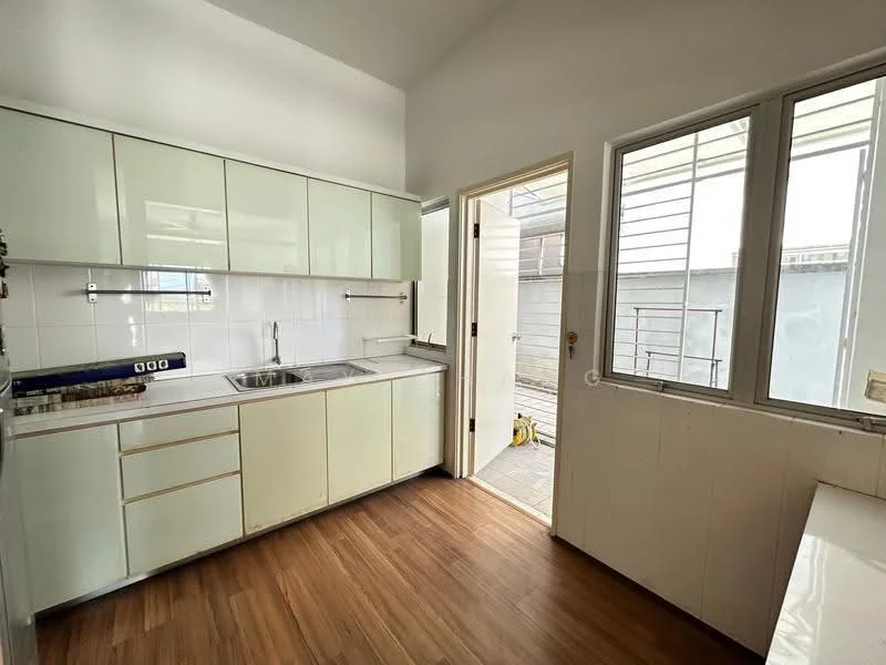 Kitchen features: light green cabinetry, stainless-steel sink, single-bowl sink, chrome faucet, white tiled backsplash, wood laminate flooring, countertop with storage, window with view to exterior, door leading to outdoor area; style: modern.