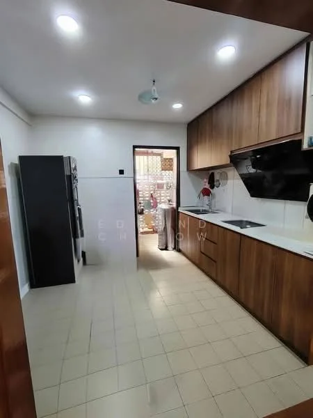 Kitchen features: brown wooden cabinetry, white countertop, stainless-steel sink, chrome pull-down faucet, built-in oven, freestanding refrigerator, ceramic tile flooring, recessed downlights, wall-mounted range hood, window with view to outdoor area, kitchen island, open layout, white tiled backsplash; style: modern.