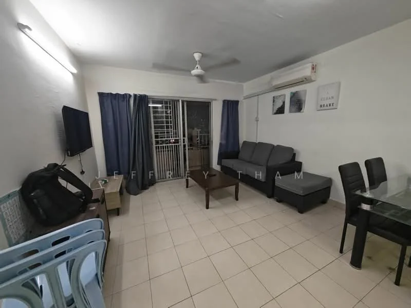 Living features: light grey leather sofa, 3-seater sofa, wood coffee table, black wall-mounted TV, ceiling fan, sliding glass door, floor-to-ceiling curtains, tiled flooring, air conditioning unit, dining table with glass top, 4 dining chairs, decorative wall art; style: modern.