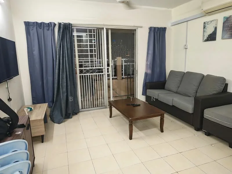 Living features: grey fabric sofa, coffee table, wall-mounted TV, TV console, floor-to-ceiling sliding glass door, curtains in dark blue, light-colored tiled flooring, ceiling fan; style: modern; view: city.