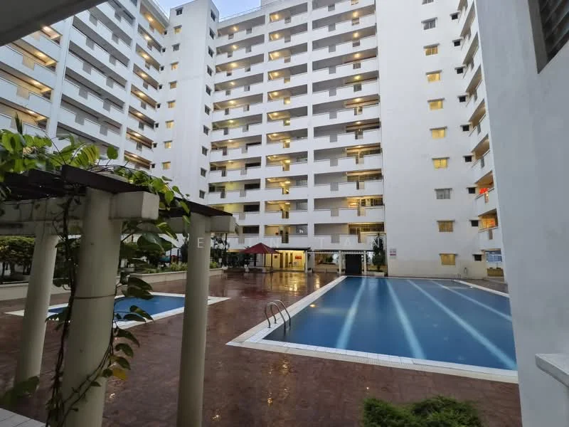 Exterior type: mid-rise condominium; features: swimming pool, pool deck, manicured landscaping, multiple storeys, balconies on upper floors, outdoor seating area, covered entrance, well-lit building facade; style: modern.