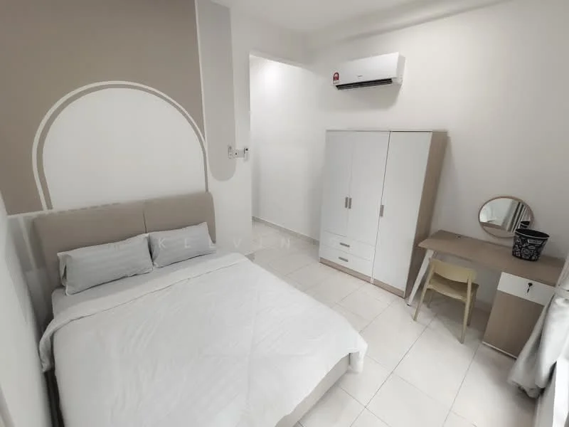 Bedroom features: queen-size bed with upholstered headboard, white bedding, white walls with accent design, tile flooring, 1 wall-mounted split AC, built-in wardrobe with white finish, study desk with chair, round mirror on desk, window with sheer curtains; style: modern.