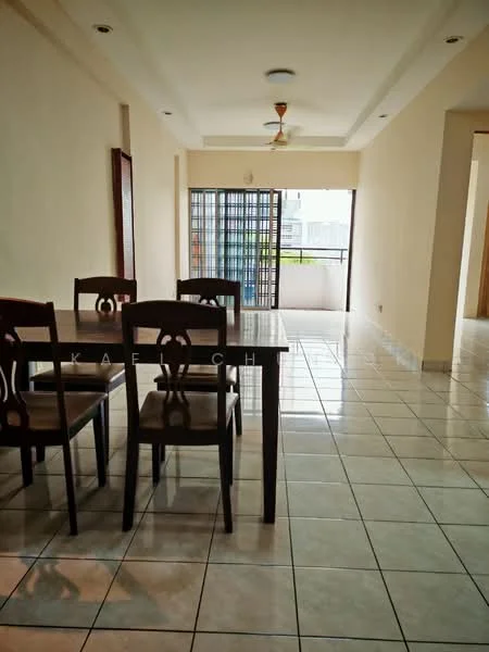 Dining features: dining table with four chairs, white painted walls, ceiling fan, tiled flooring, large sliding glass door, window with view, natural light, neutral color scheme; style: modern; view: city. Living features: tiled flooring, white painted walls, ceiling fan, large sliding glass door, natural light, neutral color scheme; style: modern; view: city.