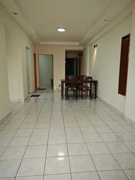 Room features: white painted walls, tile flooring, recessed ceiling lights, dining table with chairs, open layout, doorway leading to another room, window with wooden blinds, neutral color scheme; style: modern.