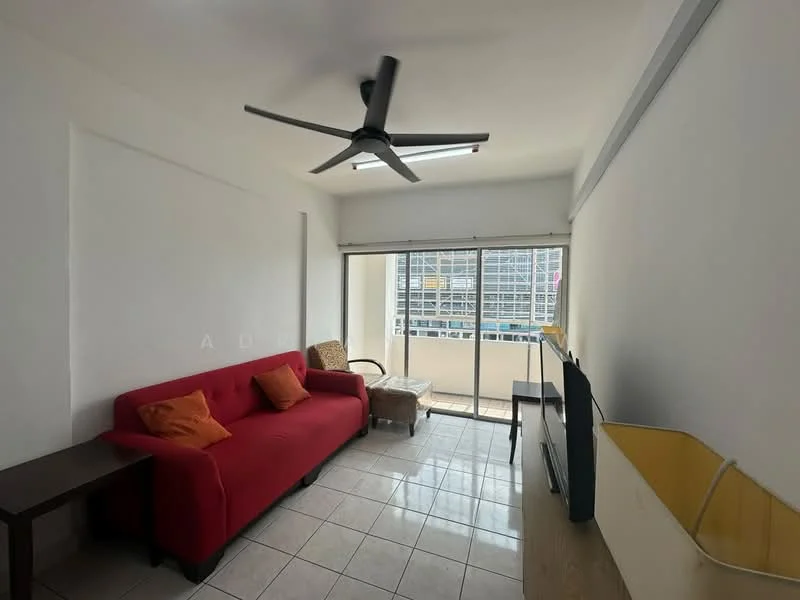 Living features: red fabric sofa, ceiling fan, wall-mounted TV, coffee table, large sliding glass door, floor-to-ceiling windows, tile flooring, natural light from windows, decorative cushions, armchair, white painted walls; style: modern; view: city.