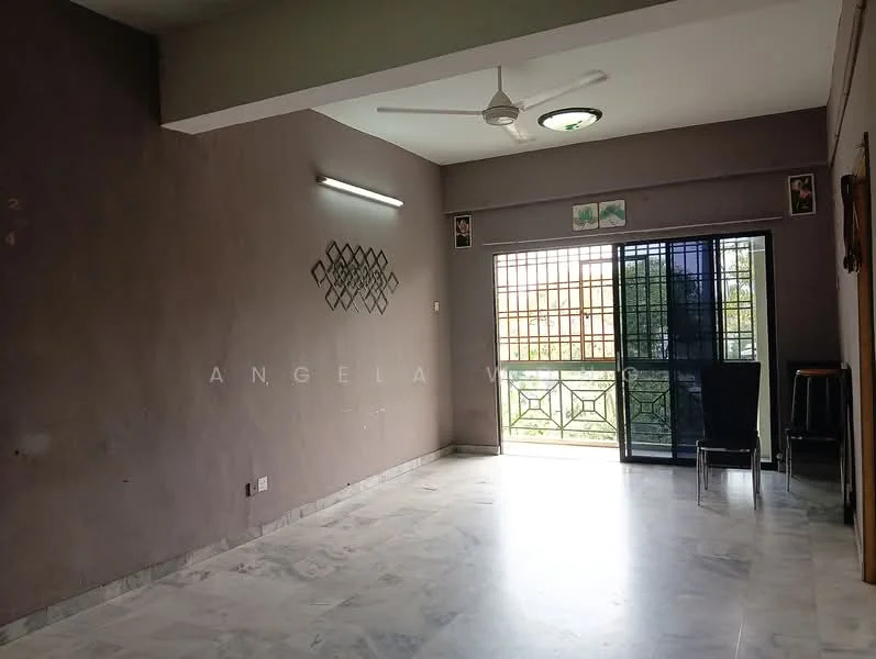 Room features: grey painted walls, marble flooring, ceiling fan, sliding glass door, floor-to-ceiling windows, natural light from window, black chair, white ceiling light; view: garden.