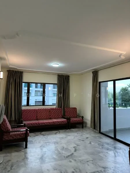 Living features: marble flooring, white painted walls, tray ceiling, floor-to-ceiling windows, sliding glass door, sheer curtains, 2-seater fabric sofa in red, 2-seater fabric armchair in red, ceiling light; style: modern; view: garden.