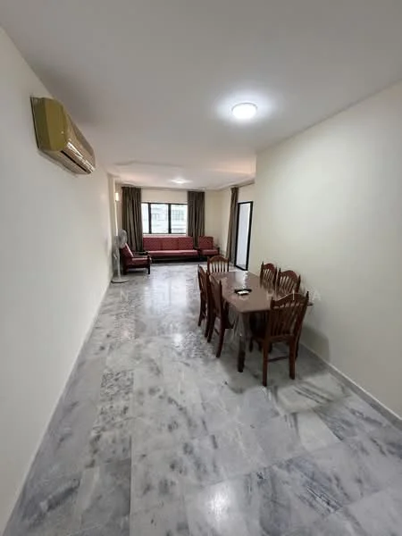 Living features: marble flooring, white painted walls, 5-blade ceiling fan with light, wall-mounted split AC, sofa in red fabric, dining table with 6 wooden chairs, large windows with curtains, open layout; style: modern.