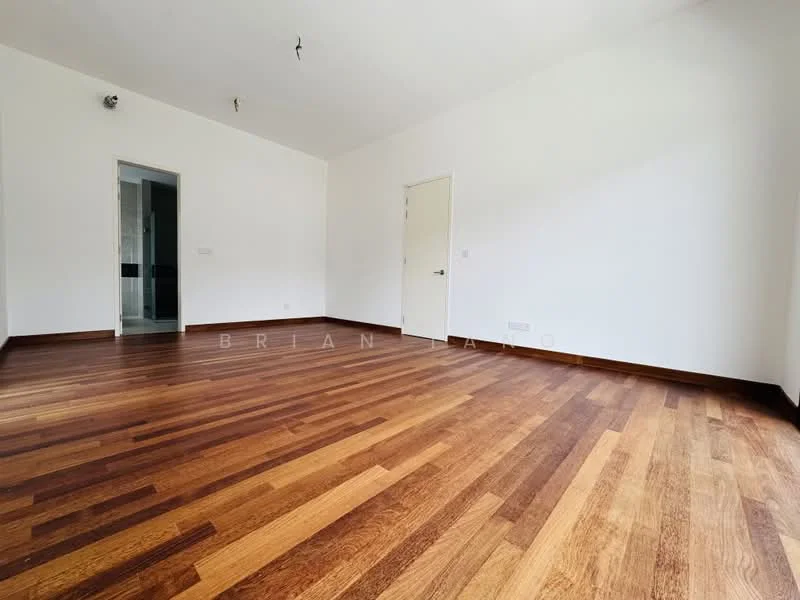 Room features: wooden flooring, white painted walls, single door, door frame, light fixture on ceiling, open space, no visible furniture, large windows, neutral color scheme; style: modern.