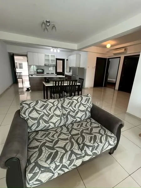 Living features: 3-seater fabric sofa with leaf pattern, tile flooring, recessed downlights, ceiling fan, dining table with chairs, open-plan layout, kitchen area visible, wall-mounted air conditioning unit; style: modern.