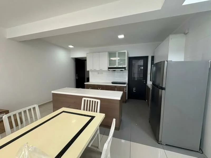 Kitchen features: white shaker cabinets, stainless-steel fridge, built-in oven, 4-burner gas hob, white countertop, grey tile flooring, recessed downlights, open layout to dining area, kitchen island with seating, black backsplash, single-bowl stainless-steel sink, chrome pull-down faucet; style: modern. Dining features: 6-seater dining table, white chairs, cream table surface, wooden dining table, minimalist design; style: modern.