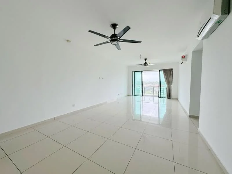 Living features: white painted walls, glossy ceramic tile flooring, 2 ceiling fans, floor-to-ceiling sliding glass door, curtains, air conditioning unit, natural light from large windows, open layout; style: modern; view: city.