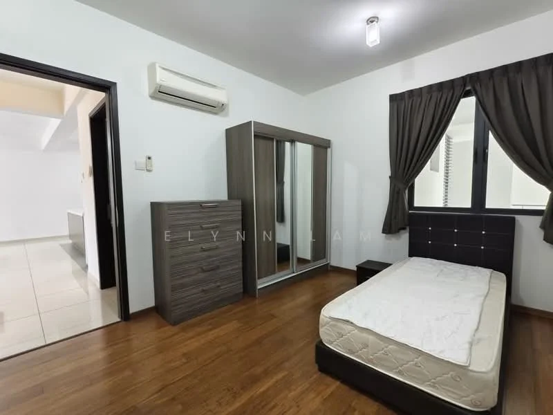 Bedroom features: wooden flooring, white painted walls, 1 wall-mounted split AC, floor-to-ceiling window with curtains, queen-size bed frame without mattress, built-in wardrobe with sliding doors, nightstand, ceiling light fixture; style: modern.