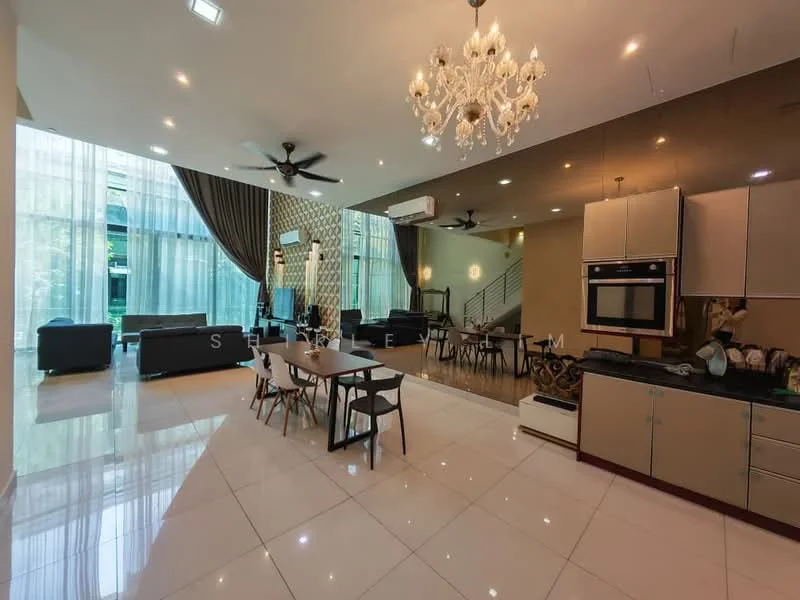 Living features: marble tile flooring, 5-blade ceiling fans, chandelier, floor-to-ceiling windows, sheer curtains, dark grey fabric sofas, wooden dining table with chairs, built-in cabinetry, recessed downlights, decorative wall with textured panels; style: modern; view: garden.