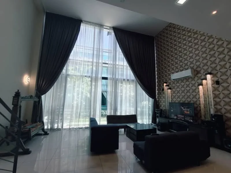 Living features: floor-to-ceiling windows, sheer curtains, blackout curtains, textured feature wall, recessed downlights, sofa in dark upholstery, coffee table, TV console, wall-mounted TV, marble flooring, decorative wall sconces, open staircase; style: modern; view: garden.