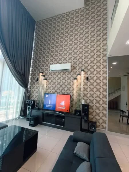 Living features: textured feature wall with geometric pattern, floor-to-ceiling windows, grey curtains, black leather sofa, black coffee table, wall-mounted TV, entertainment unit, two floor speakers, air conditioning unit, recessed lighting, white tiled flooring; style: modern.