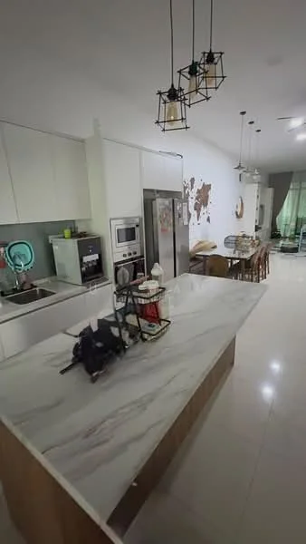 Kitchen features: marble countertop, white cabinetry, stainless-steel fridge, built-in oven, microwave, 4-burner gas hob, stainless-steel range hood, pendant lighting, open shelving, tile flooring, wall-mounted clock, decorative wall art, dining area with wooden table, green curtains; style: modern.