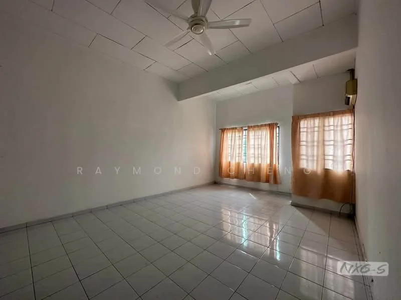 Room features: white painted walls, white ceiling, ceiling fan, tile flooring, two windows with sheer curtains, natural light from windows, air conditioning unit on wall; style: minimalist.