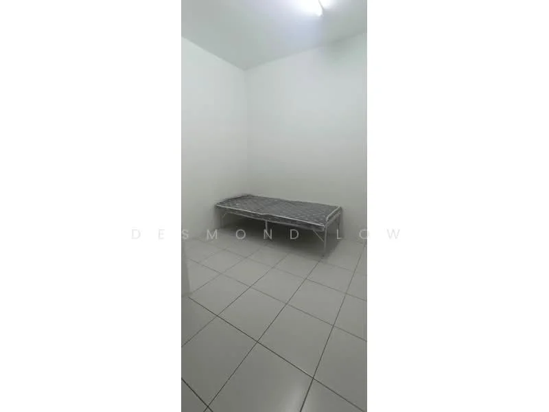 Room features: white painted walls, tile flooring, single metal bed frame, mattress, ceiling light fixture.