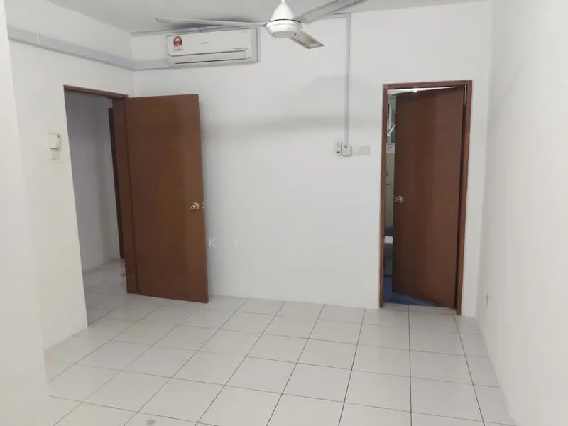 Room features: white painted walls, white tiled flooring, 1 ceiling fan, 2 wooden doors, 1 wall-mounted split AC.