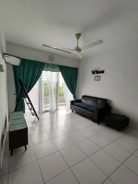 Living features: white painted walls, ceramic tile flooring, 5-blade ceiling fan with light, floor-to-ceiling windows, sliding glass door, curtains in teal, black leather sofa, wooden ladder, small black ottoman, wall-mounted shelf, clock on wall; style: modern; view: garden.