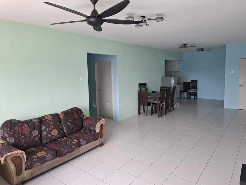 Living features: 3-seater fabric sofa with floral pattern, white tiled flooring, light blue painted walls, ceiling fan with 5 blades, recessed downlights, dining table with 4 chairs, open layout to kitchen, doorway leading to another room; style: modern. Room features: white tiled flooring, light blue painted walls, doorway leading to another room, kitchen area visible in background.