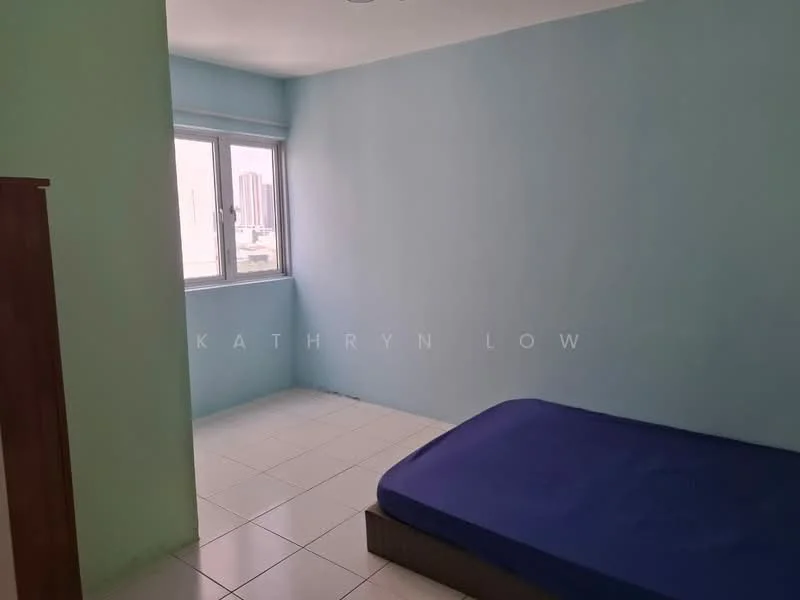 Bedroom features: light blue painted walls, white tiled flooring, single bed mattress on a wooden base, window with city view, no visible closet or storage, minimal decor; view: city.