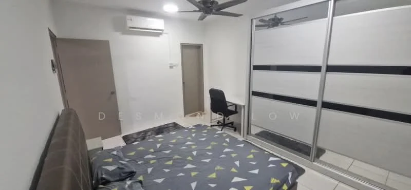 Bedroom features: queen-size bed with patterned bedding, 1 wall-mounted split AC, 5-blade ceiling fan, built-in wardrobe with sliding doors, study desk, tile flooring, white painted walls, door to hallway; style: modern.