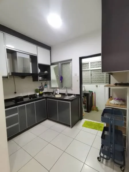 Kitchen features: L-shaped kitchen layout, black and grey cabinetry, stainless-steel sink, chrome pull-down faucet, built-in gas hob, exhaust hood, white tiled backsplash, white tiled flooring, recessed ceiling lights, window with sheer curtains, open shelving, utility area visible, green rug; style: modern.